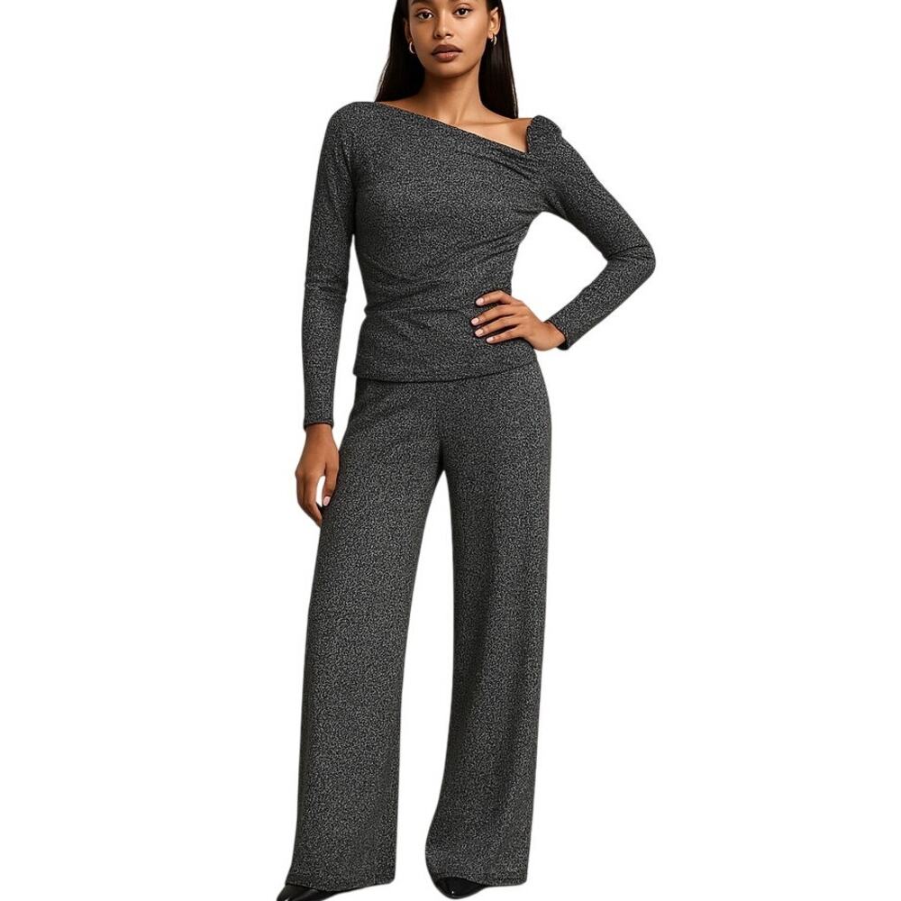 ZARA Two-Piece Black / White Knit Texture Long Sleeve + Wide-Leg Pants S NWT
